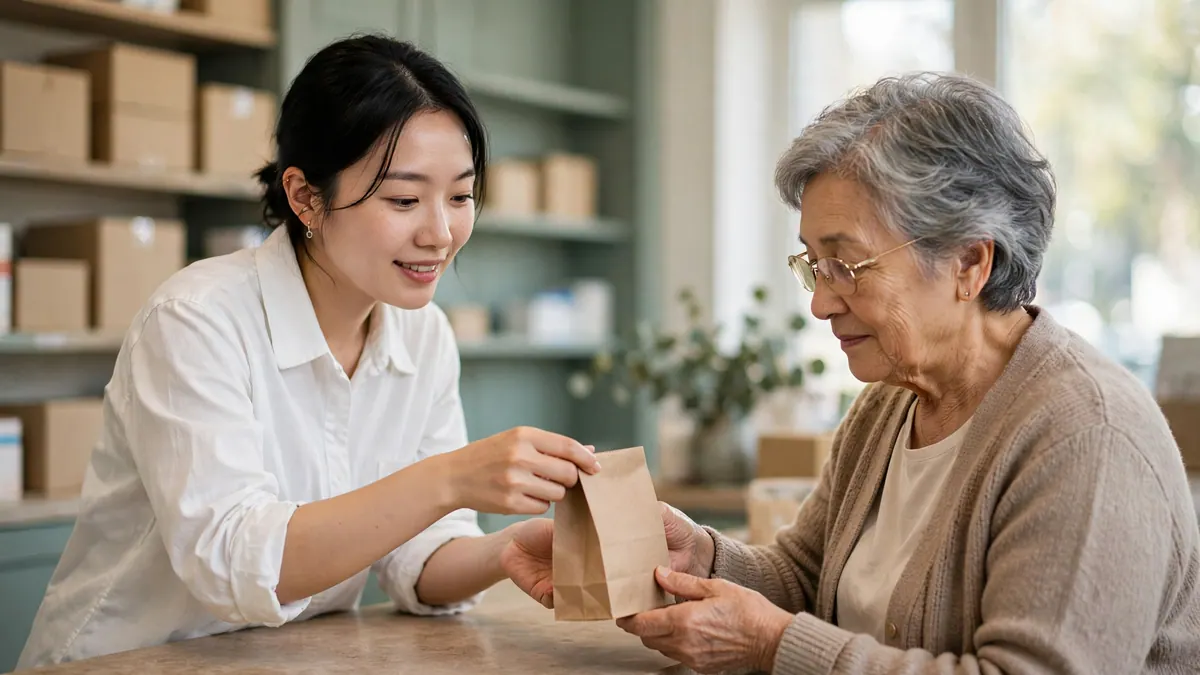 A pharmacy assistant hands a paper bag across the counter to an older woman in glasses