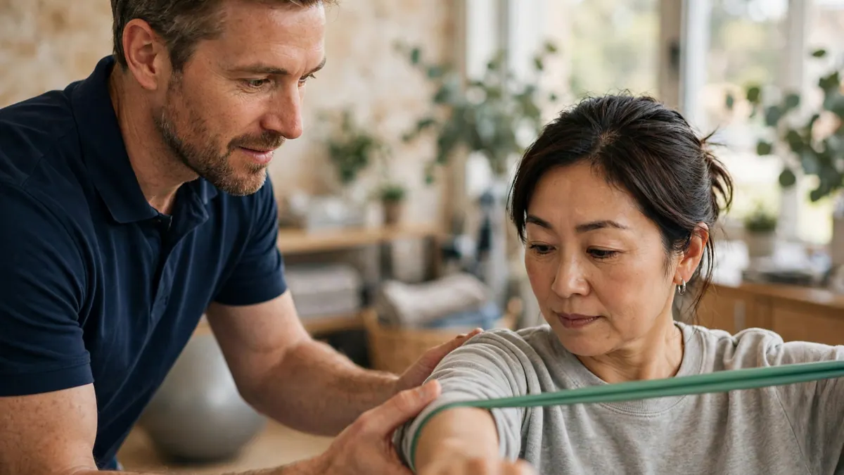 A physiotherapist in a navy polo guides a woman's arm through a resistance band exercise