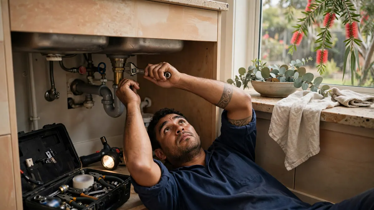 A plumber lying under a kitchen sink tightens a pipe fitting with a wrench beside an open toolbox