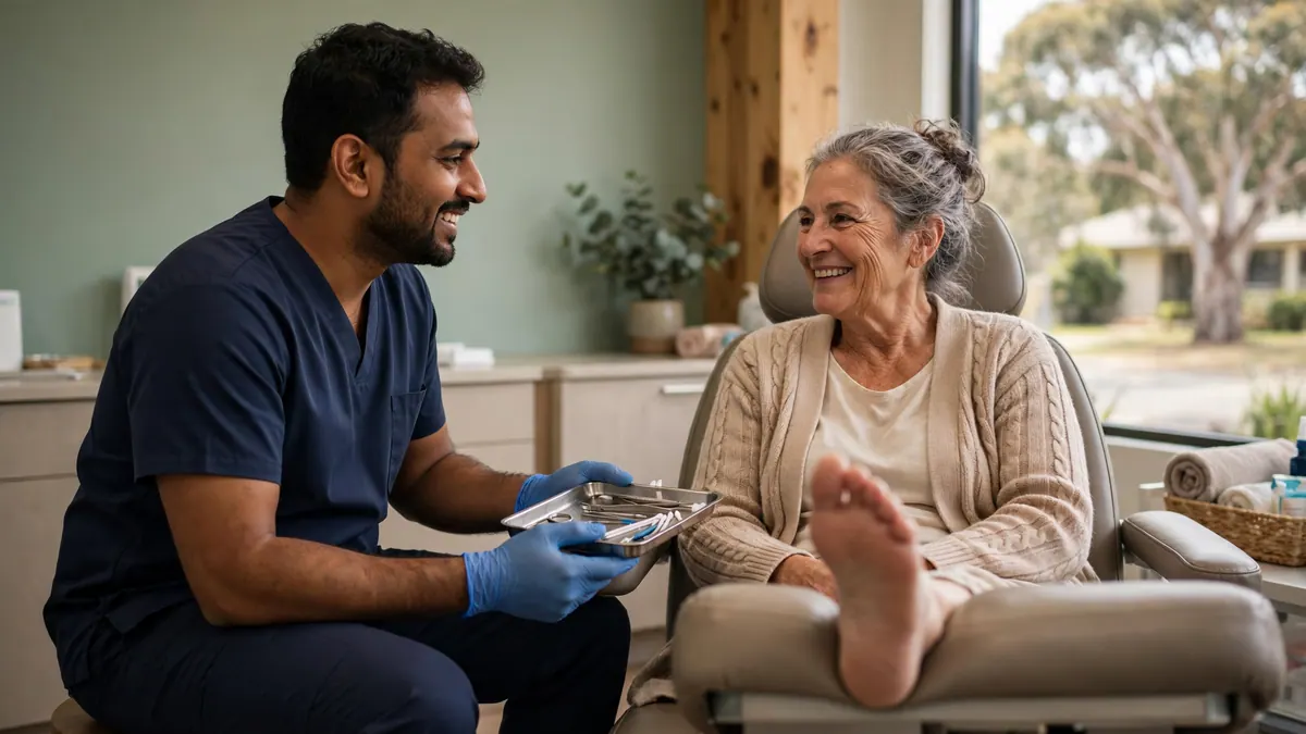 A podiatrist holding an instrument tray chats with a smiling older woman resting her bare foot in a clinic chair