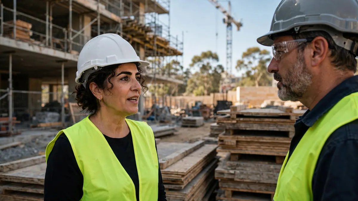 A project manager in a white hard hat talks with a foreman beside formwork stacks, a crane behind