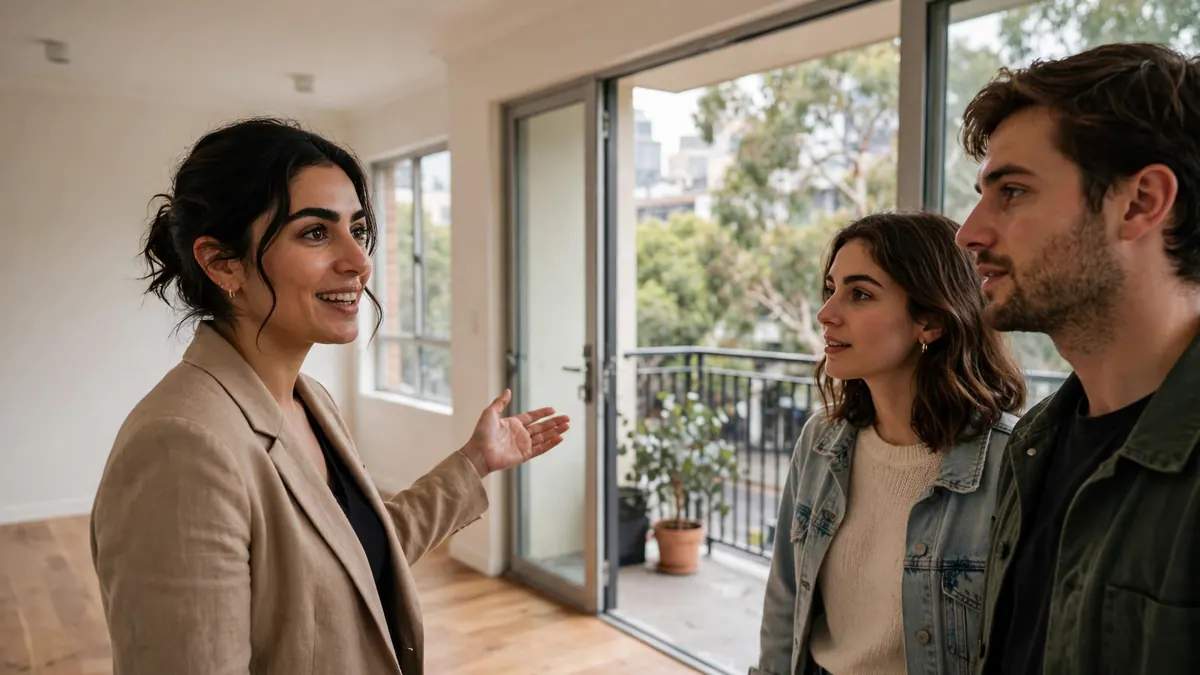 A property manager in a beige blazer shows a young couple around an empty apartment with a balcony