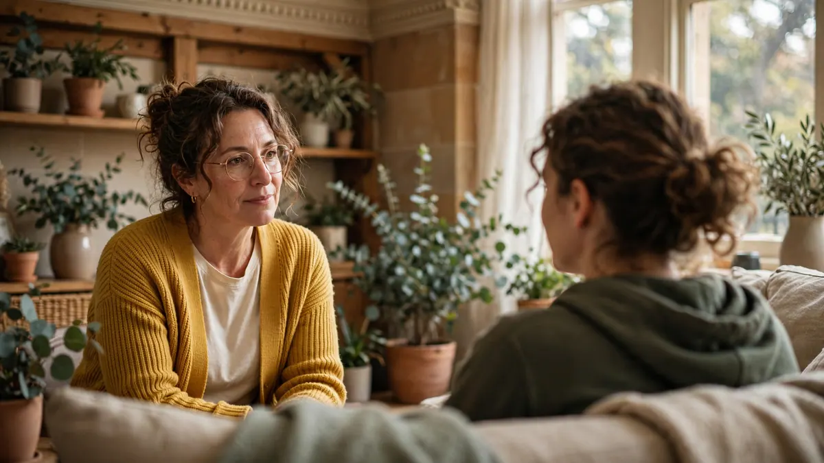 A psychologist in a mustard cardigan listens to a client on a sofa in a calm room full of plants