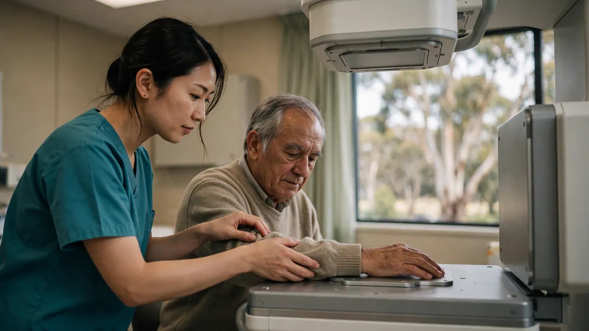 A radiographer in teal scrubs positions an older man's arm on an X-ray table