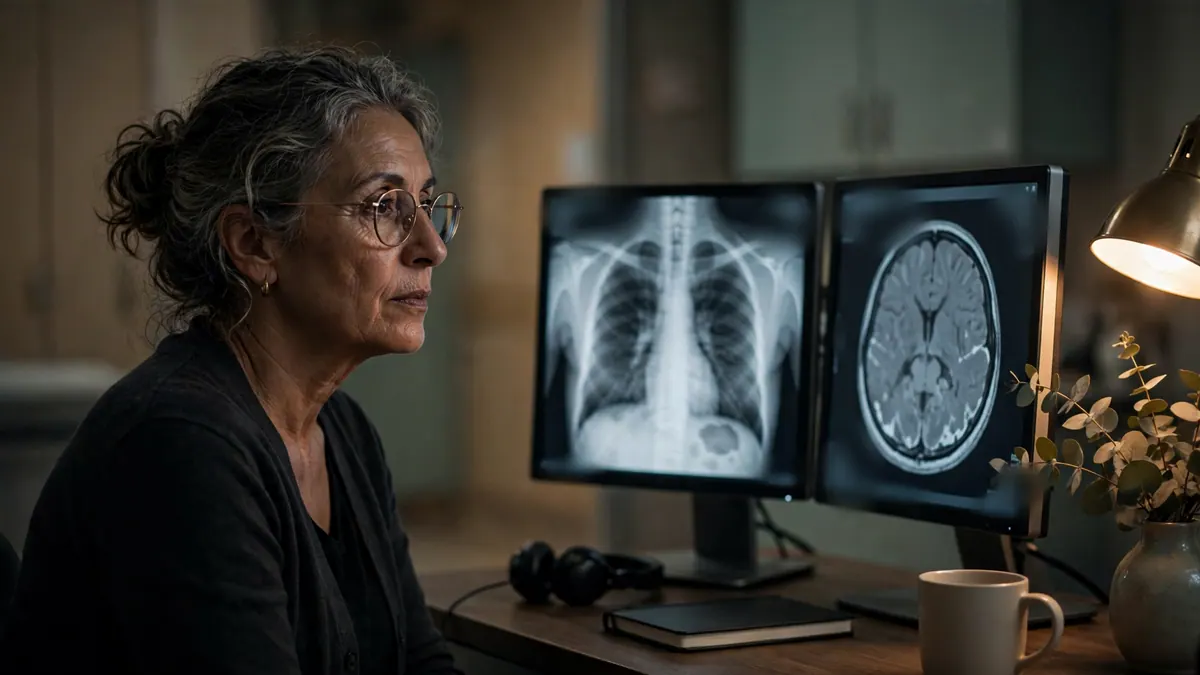 A radiologist in glasses studies a chest X-ray and a brain scan on two monitors in a dim reading room