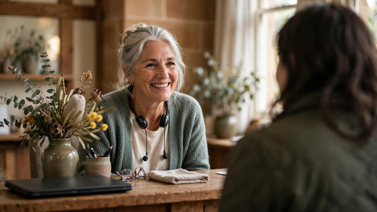 A smiling receptionist with silver hair and a headset greets a visitor across a timber front desk