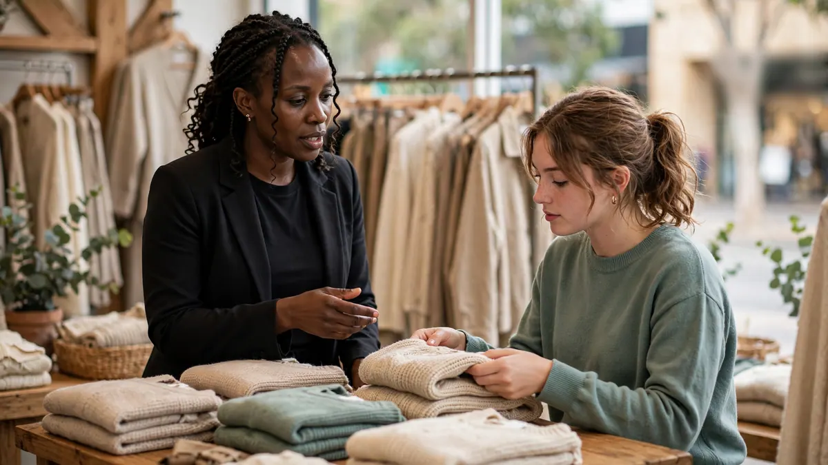 A store manager in a black blazer talks with a young assistant folding knitwear in a clothing boutique
