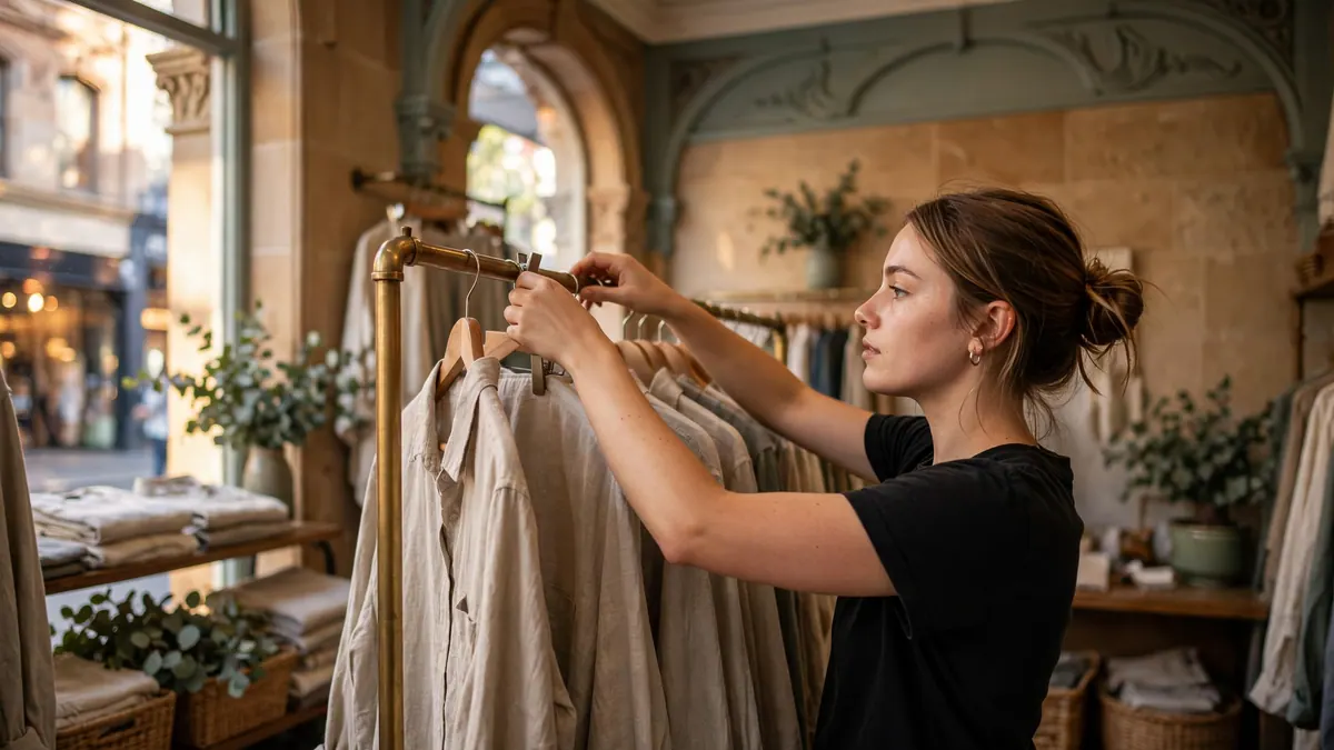 A shop assistant in a black T-shirt hangs linen shirts on a brass rail in a sandstone boutique