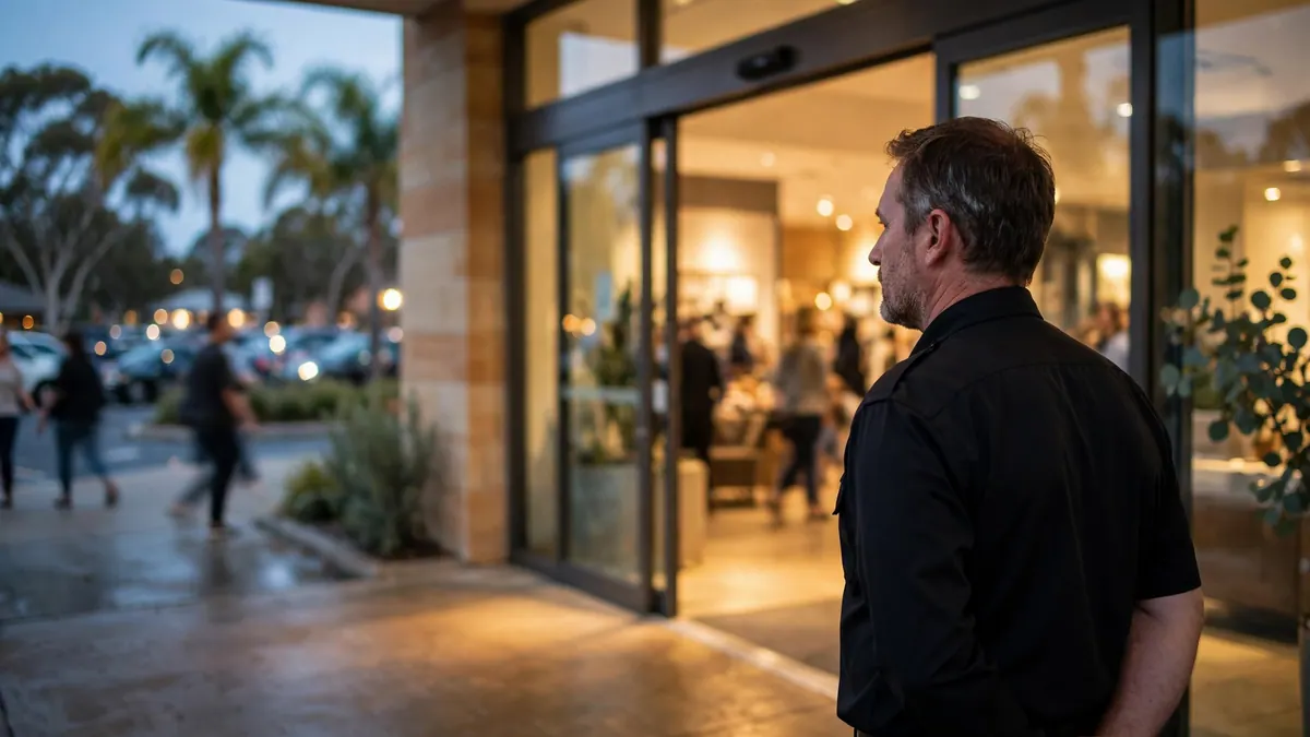 A security guard in a plain black uniform watches shoppers at a shopping centre entrance at dusk