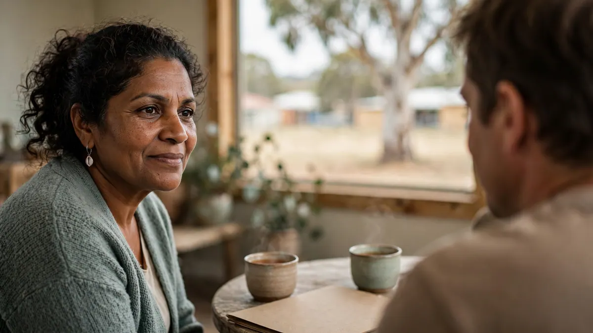 A social worker in a green cardigan listens to a client over cups of tea at a small round table