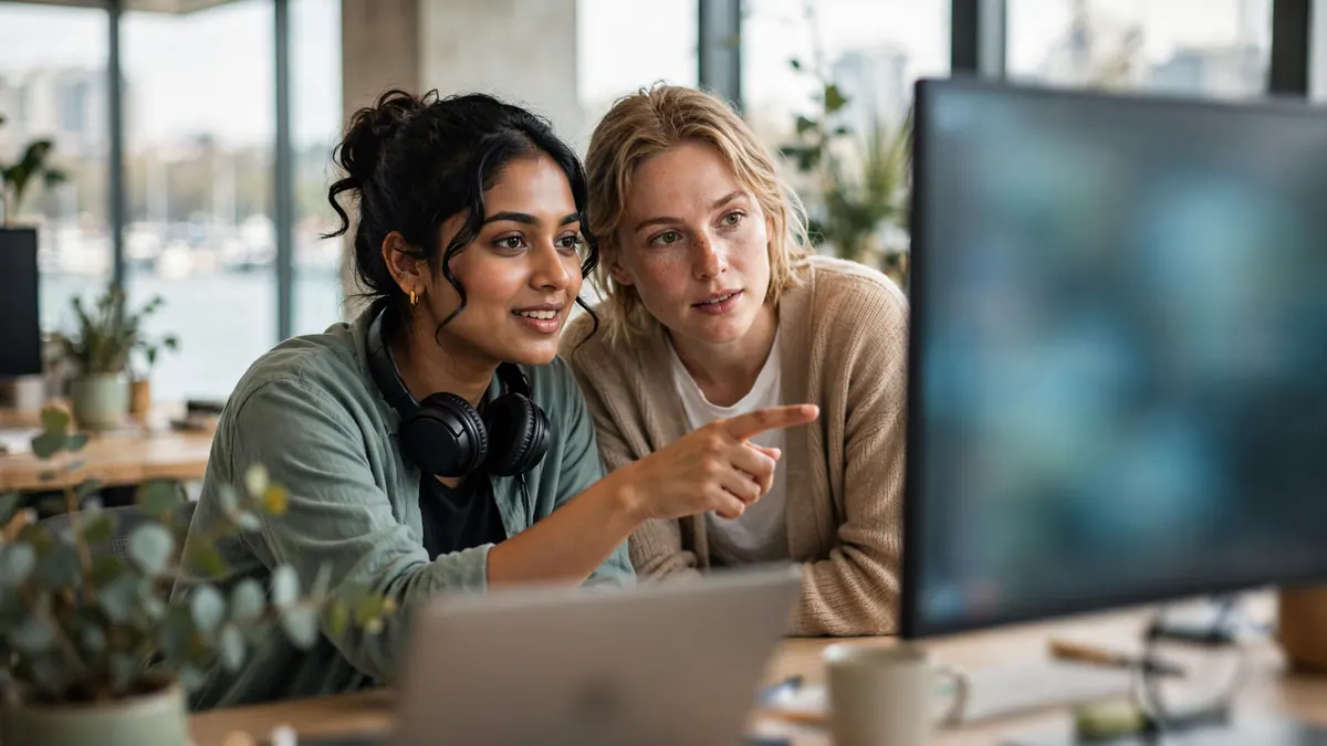 A software engineer with headphones points at a monitor while a colleague leans in, harbour behind