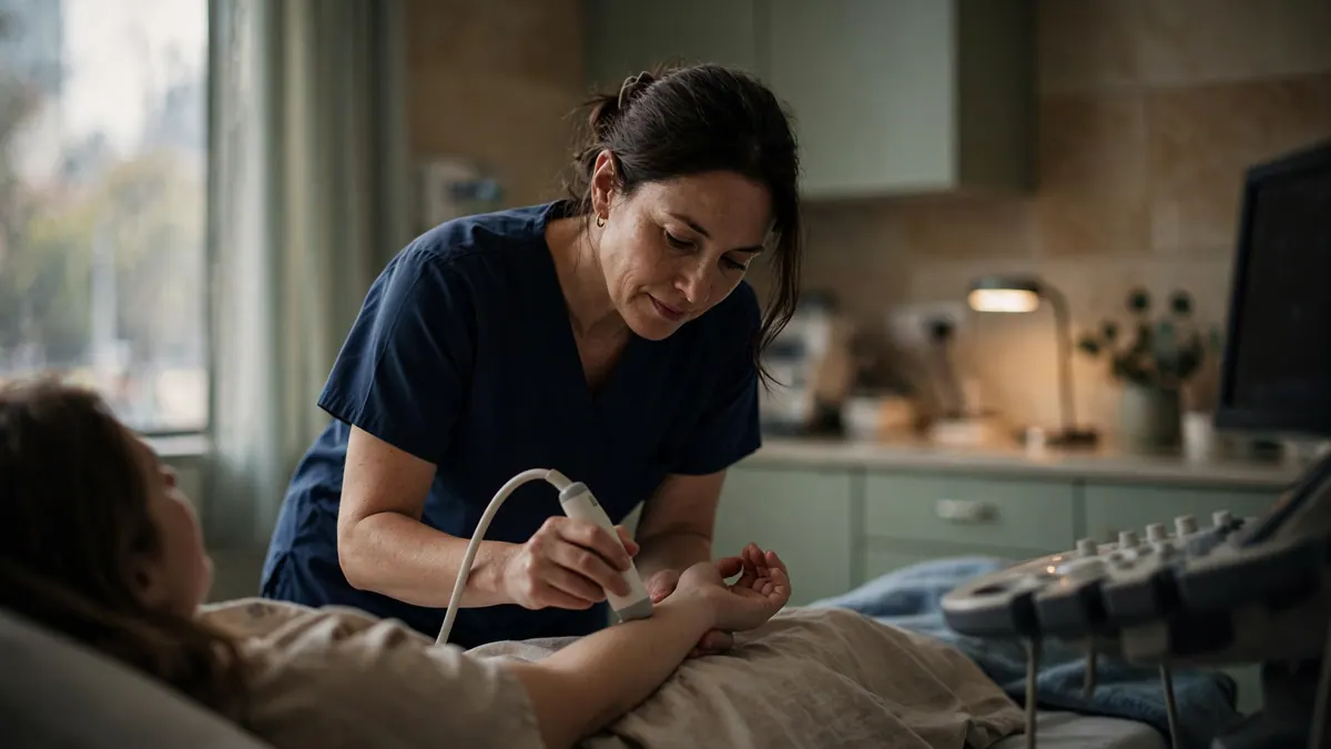 A sonographer in navy scrubs scans a patient's wrist with an ultrasound probe in a dim clinic room