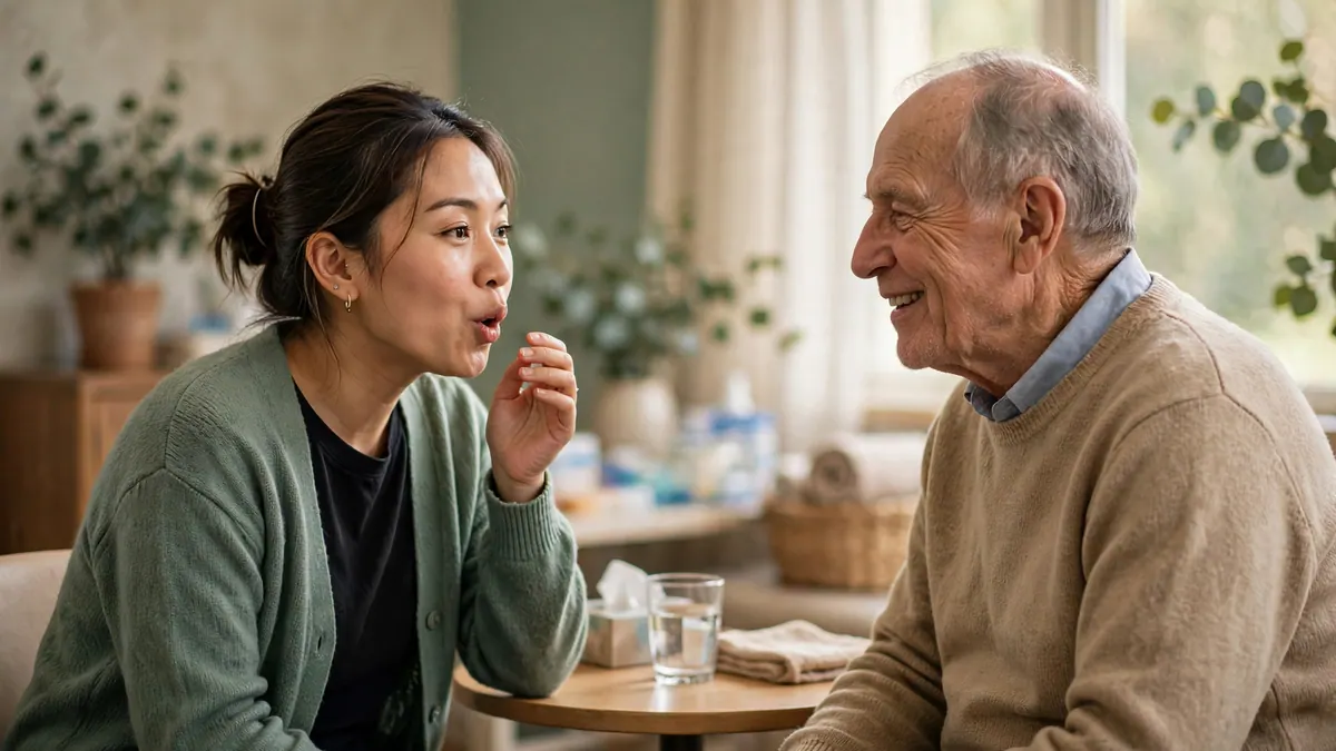 A speech pathologist shapes a sound with her lips as an older man watches and smiles