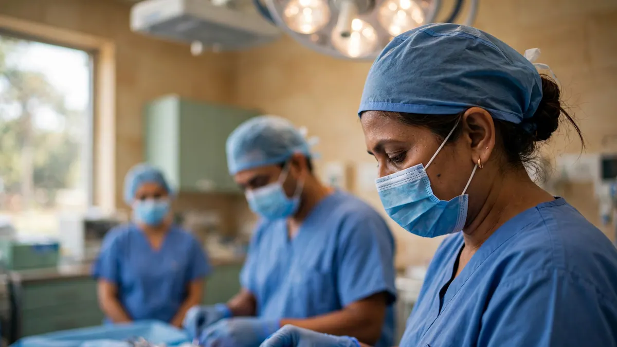 A surgeon in blue scrubs, cap and mask concentrates under theatre lights with two colleagues behind