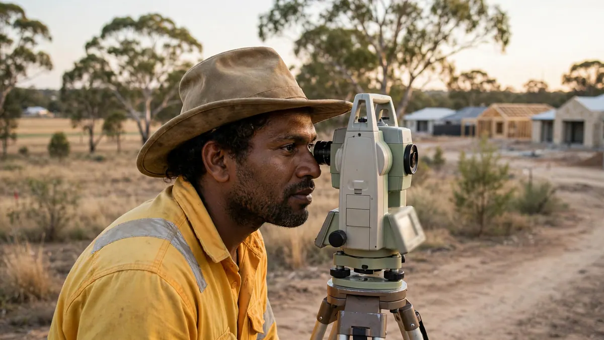 A surveyor in a bush hat looks through a total station beside a new housing estate among gum trees