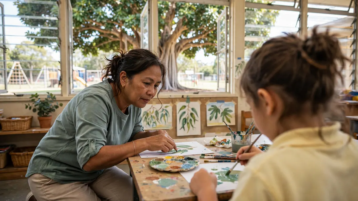 A teacher aide helps a student paint gum leaves at a classroom table, a big fig tree outside