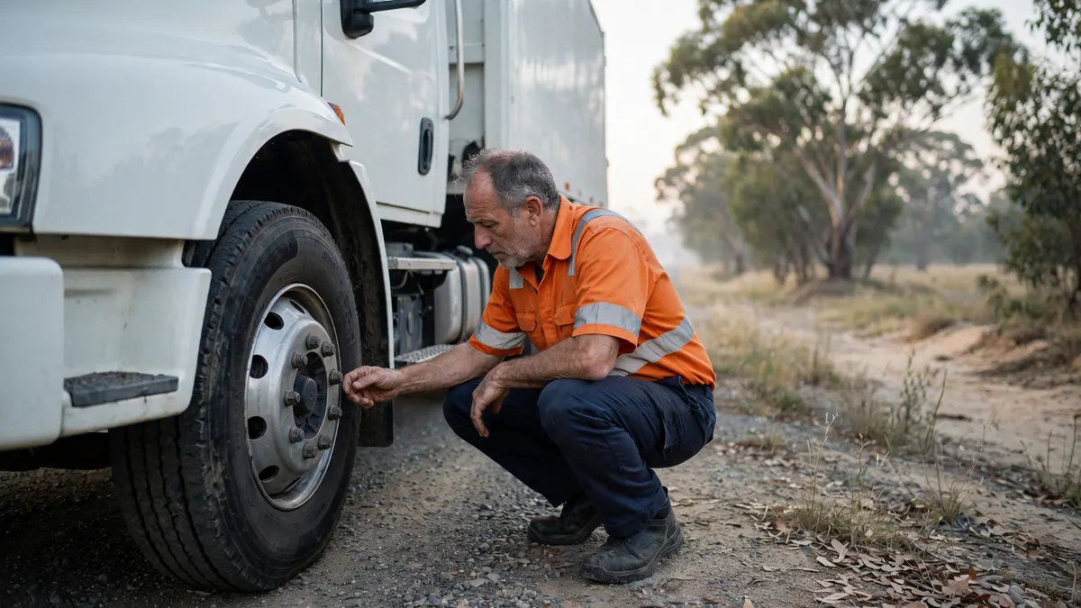 A truck driver in orange hi-vis crouches to check the front wheel of a white truck on a gravel roadside