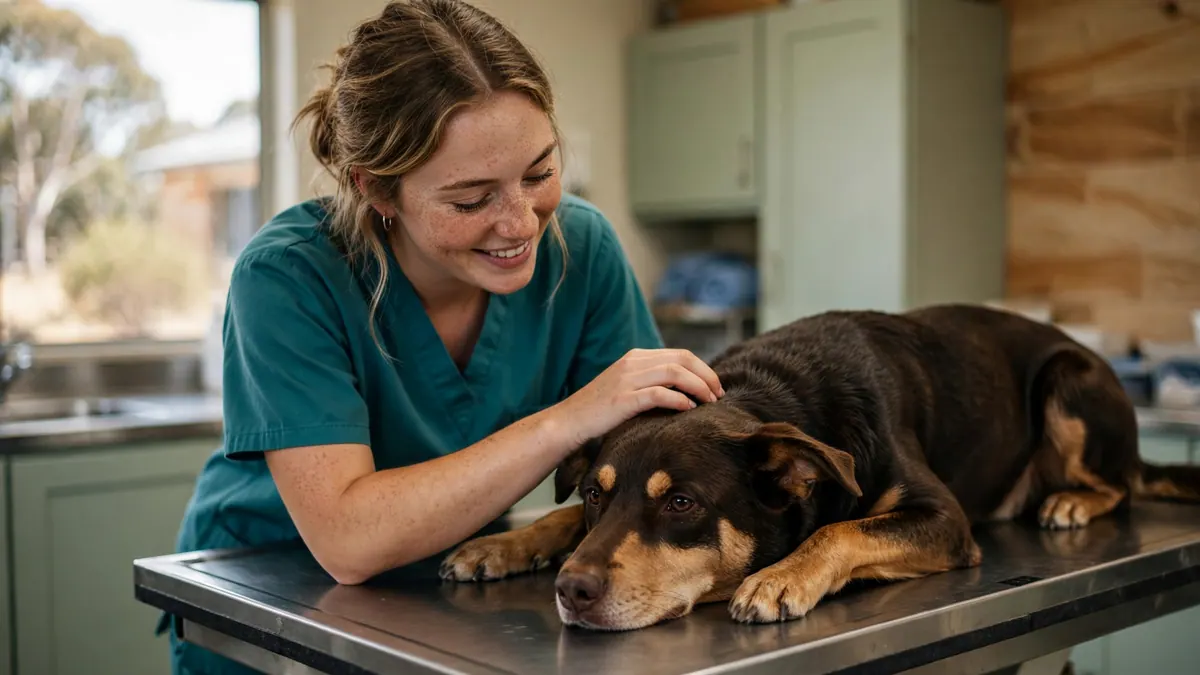 A smiling vet nurse in teal scrubs strokes a brown kelpie lying on a steel exam table