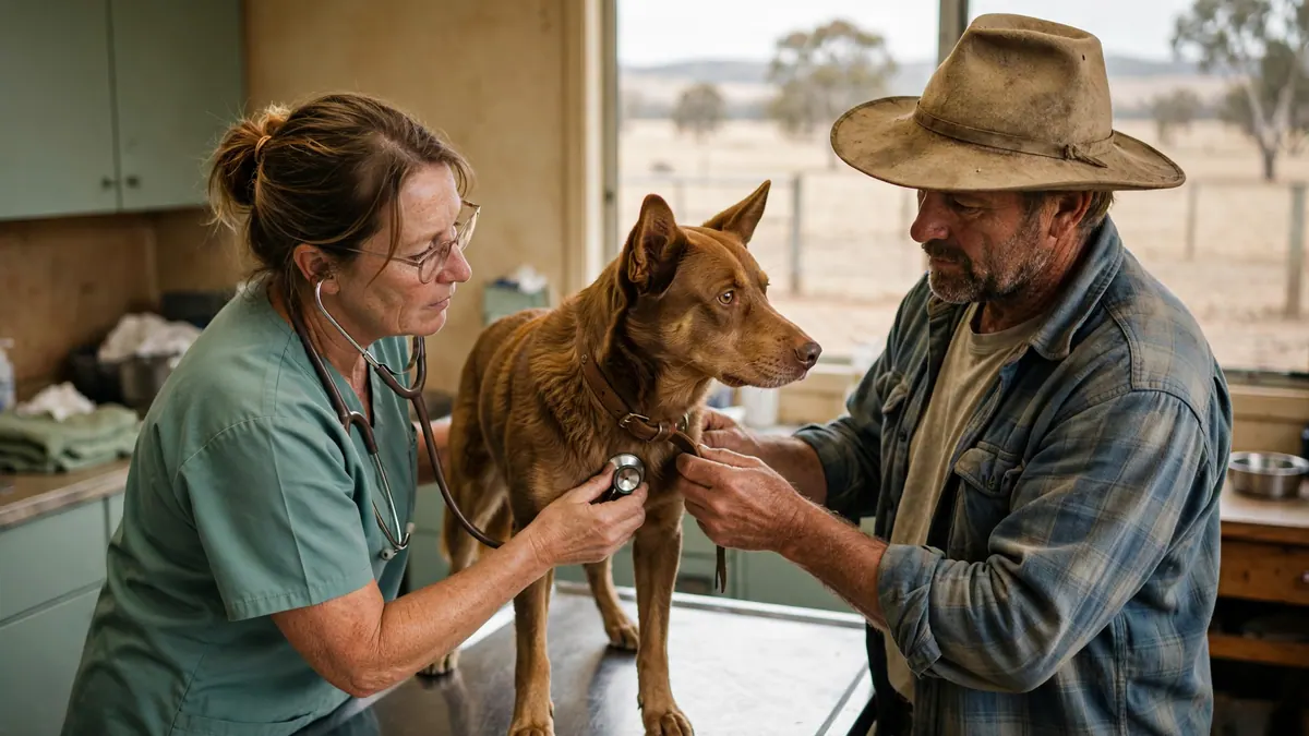 A vet listens to a red kelpie's chest with a stethoscope while a farmer in a felt hat holds its collar