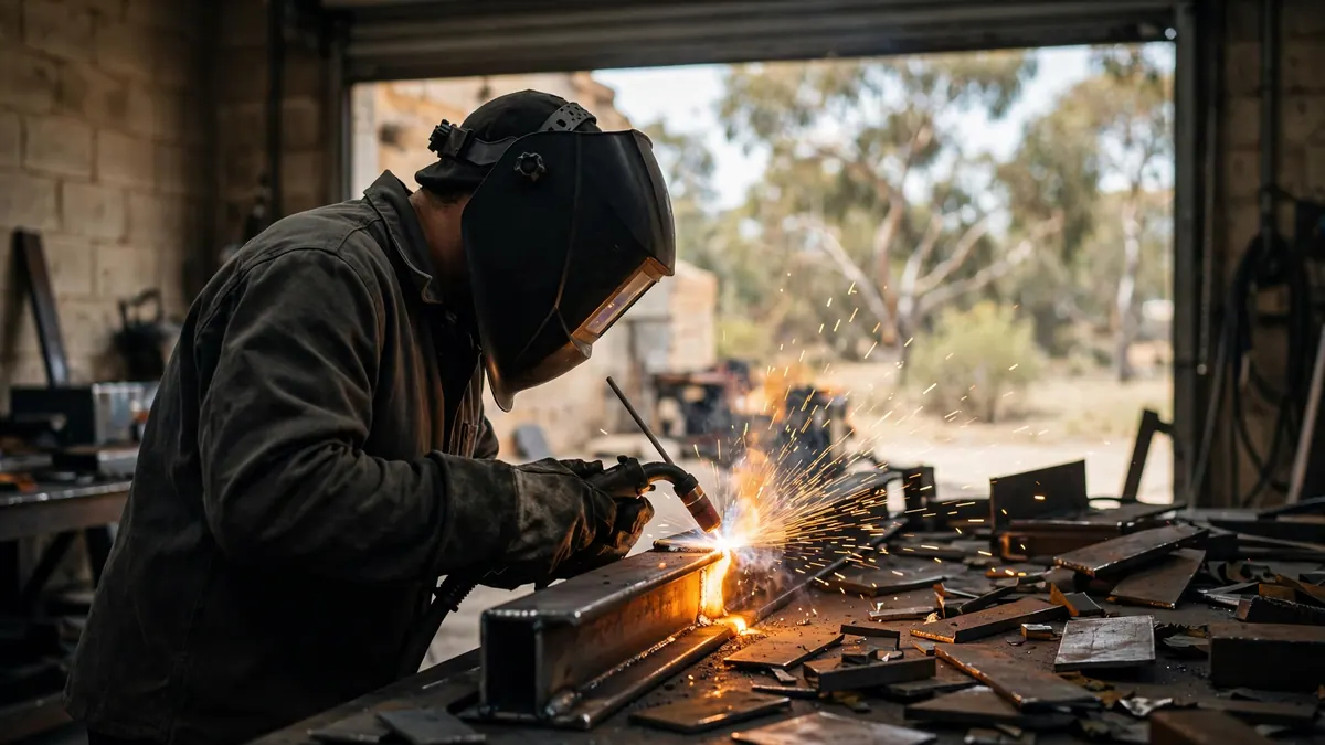 A welder in a dark helmet welds a steel beam as sparks fly in a workshop with gum trees outside