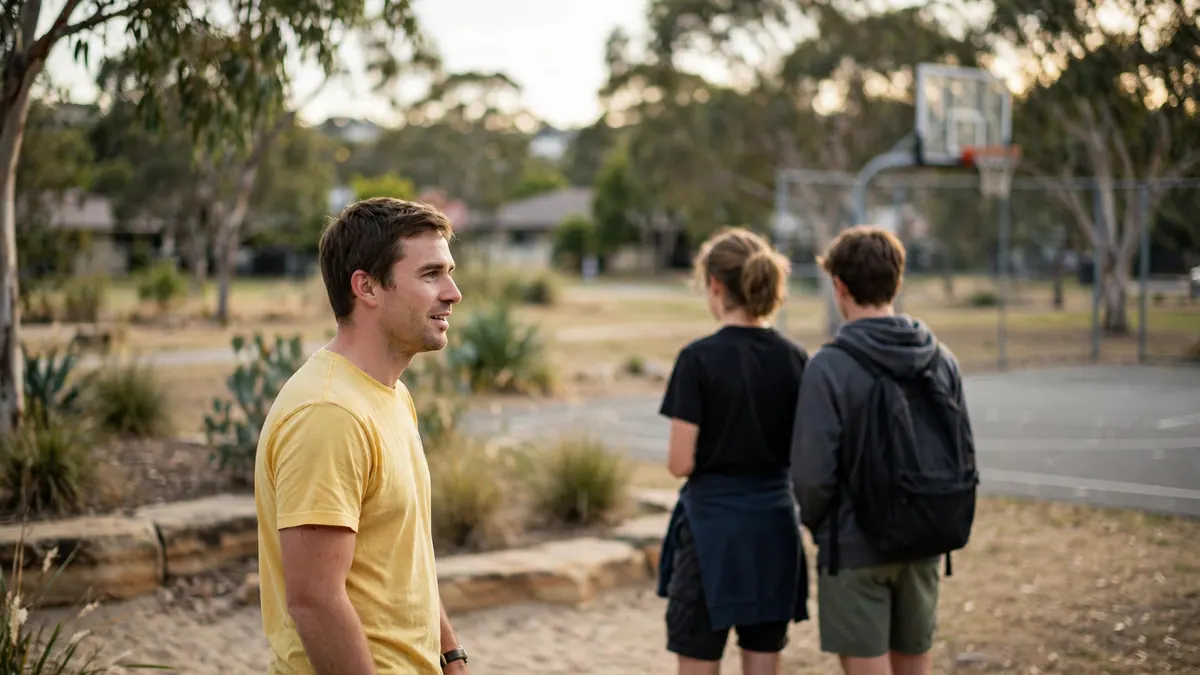 A youth worker in a yellow T-shirt talks with two teenagers beside a park basketball court