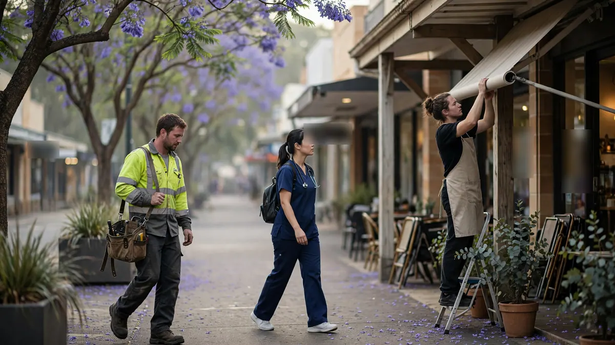 A tradesman, a nurse and a café worker start the morning on a jacaranda-lined shopping street