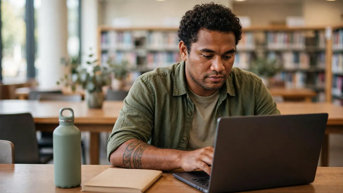 A man types on a laptop at a long table in a public library, a water bottle and notebook beside him