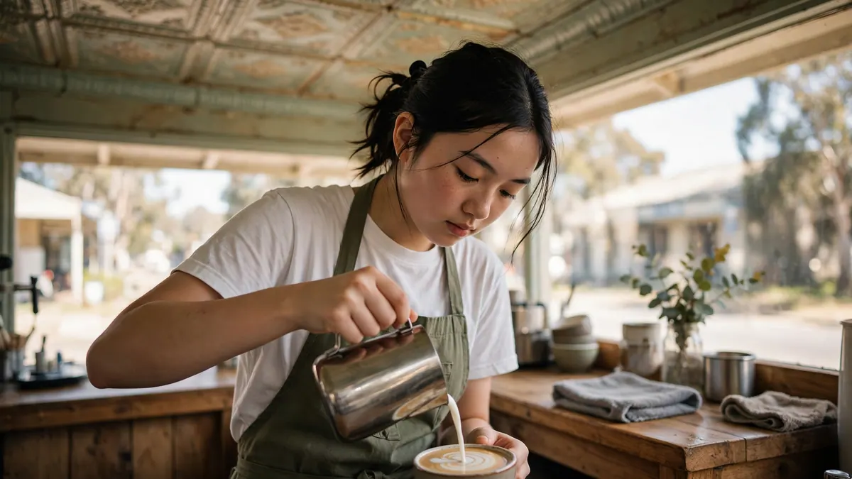 A teenage barista in an olive apron pours latte art in a country-town café with a pressed-metal ceiling