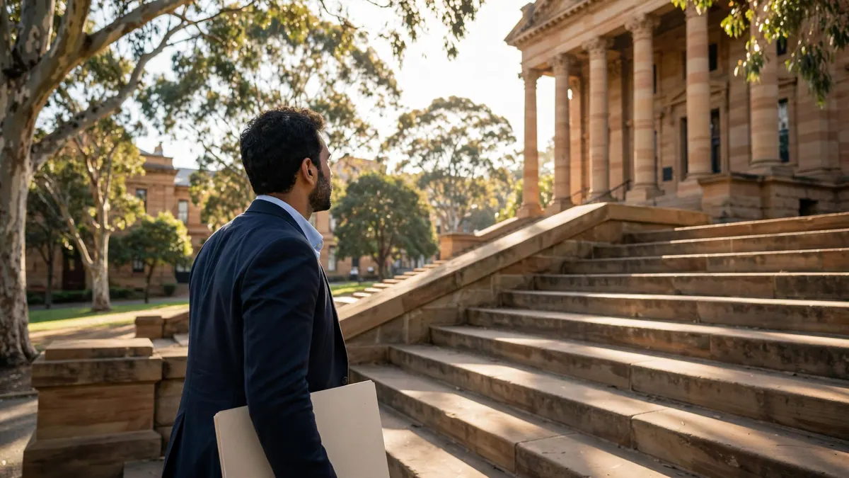 A man in a navy blazer with a folder under his arm looks up at the sandstone steps of a columned courthouse