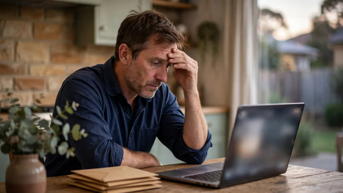 A worried man rests his hand on his forehead beside a laptop and a stack of envelopes at a kitchen table