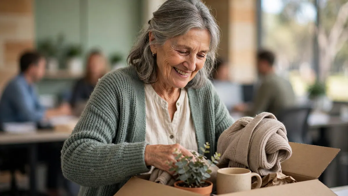 An older woman in a green cardigan smiles as she packs a plant and a mug into a box at her office desk