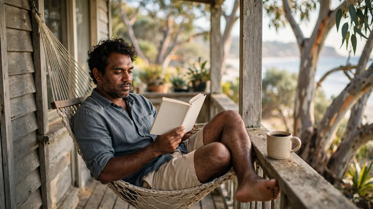 A man on holiday reads a book in a hammock on a beach-shack veranda, coffee on the rail, sea beyond