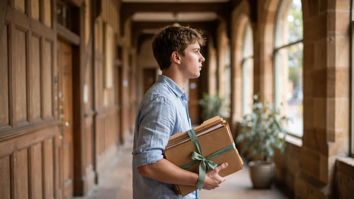 A young law clerk carries a stack of ribbon-tied folders along a timber and sandstone corridor