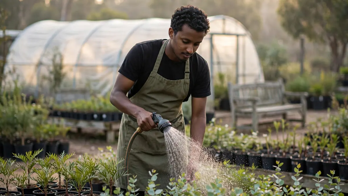 A young nursery worker in an olive apron waters rows of potted native seedlings near a polytunnel