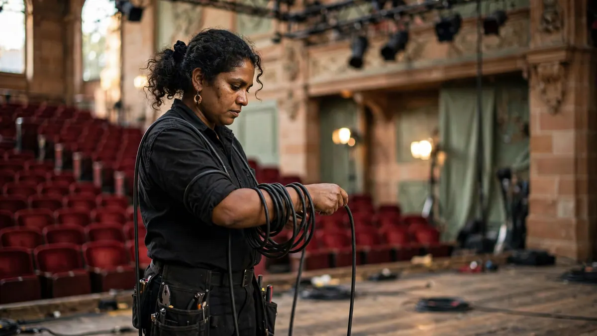 A stage technician in black work clothes coils a cable on a theatre stage in front of empty red seats