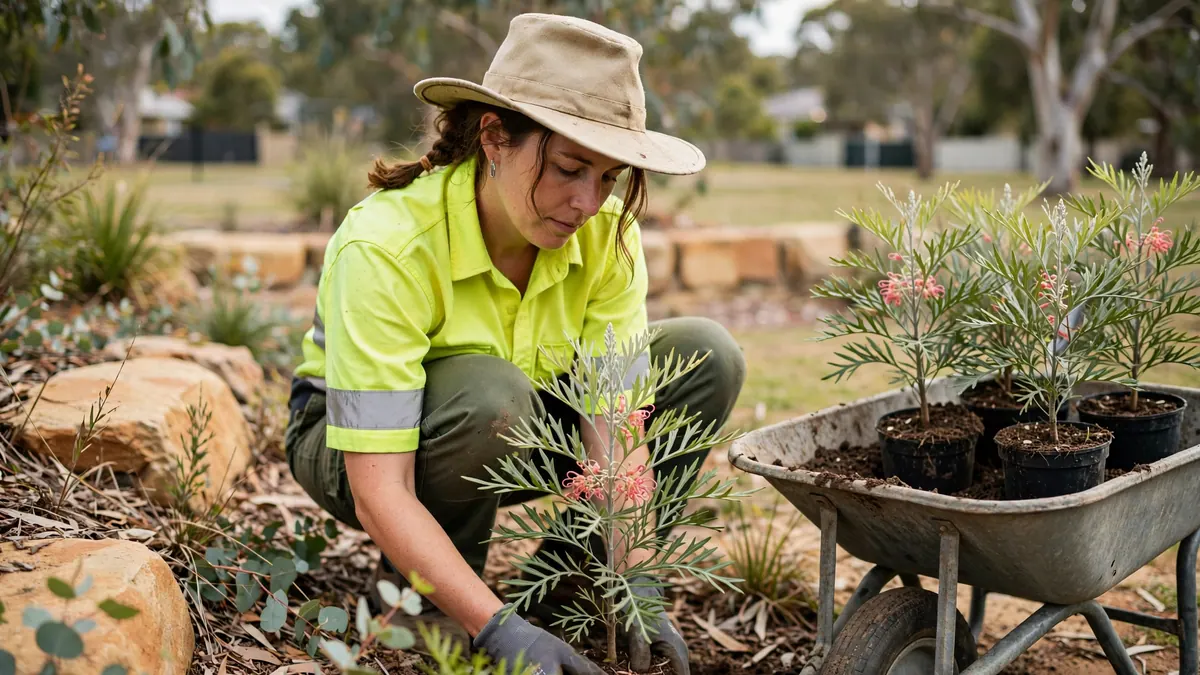 A council parks worker in hi-vis and a bush hat plants grevilleas from a wheelbarrow