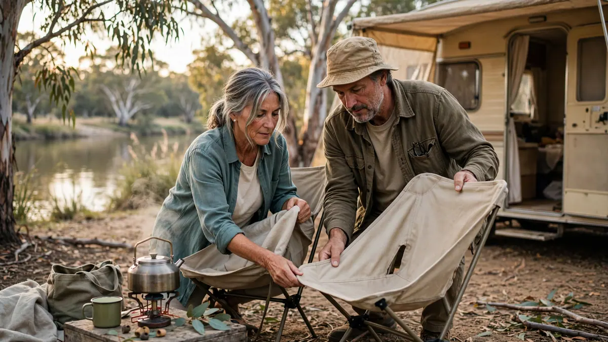 An older couple unfold camp chairs beside their caravan on a gum-lined riverbank, a kettle on the stove