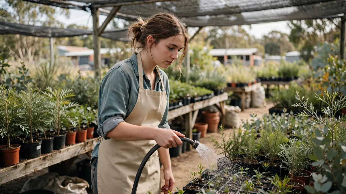 A young woman in a canvas apron waters seedlings with a hose under shade cloth at a plant nursery
