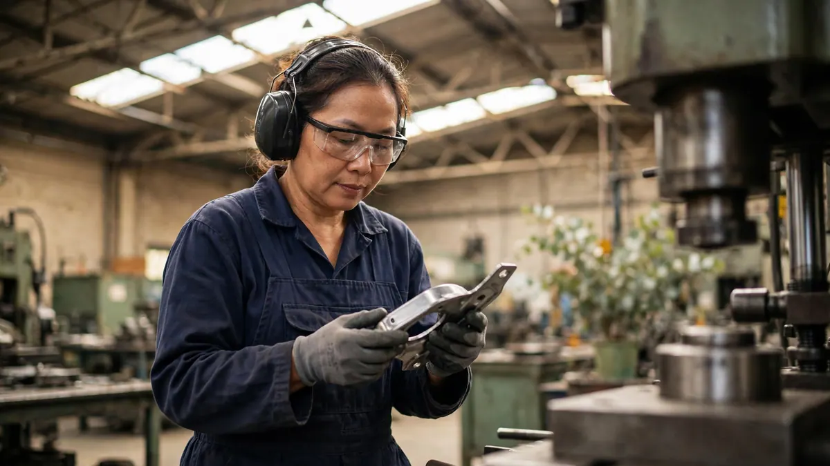 A factory worker in safety glasses and earmuffs inspects a pressed steel part beside a metal press