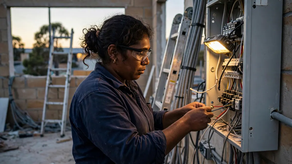 An electrician in safety glasses wires a switchboard under a work lamp on a building site at dusk