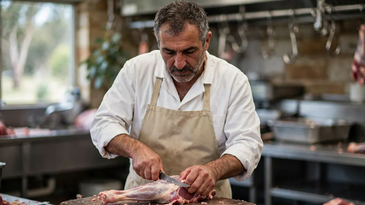 A butcher in a white coat and apron trims a leg of lamb on a wooden block