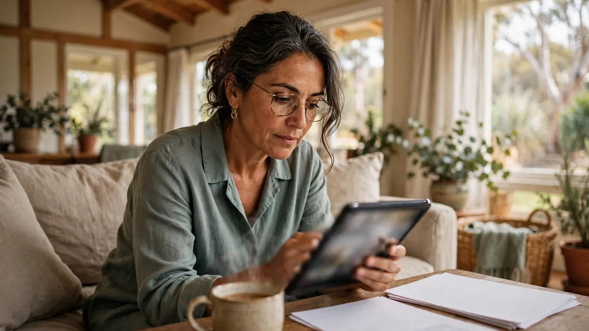 A woman in reading glasses scrolls a tablet on her couch, with a mug of tea and papers on the table