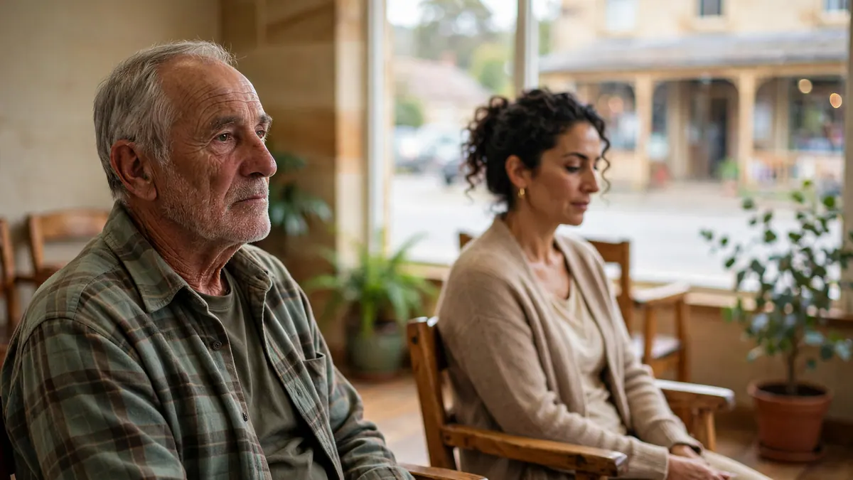 An older man in a flannel shirt and a woman wait on timber chairs in a country town clinic waiting room