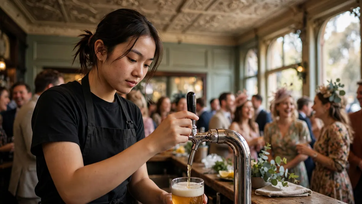 A bartender pours a beer from a tap as a crowd in fascinators celebrates in an old pub