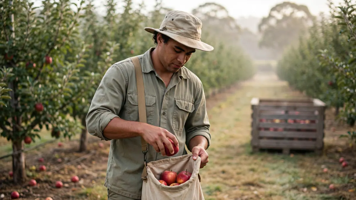 A farm worker in a bush hat drops red apples into a canvas picking bag in an orchard