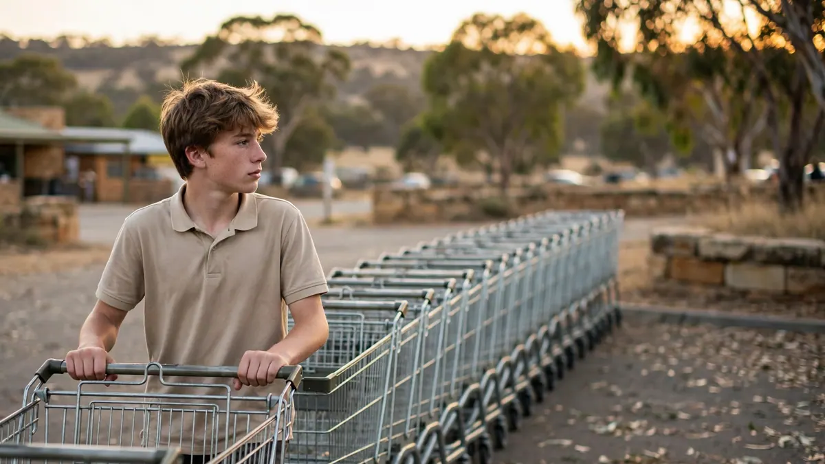 A teenage boy in a beige polo pushes a long line of shopping trolleys across a country car park
