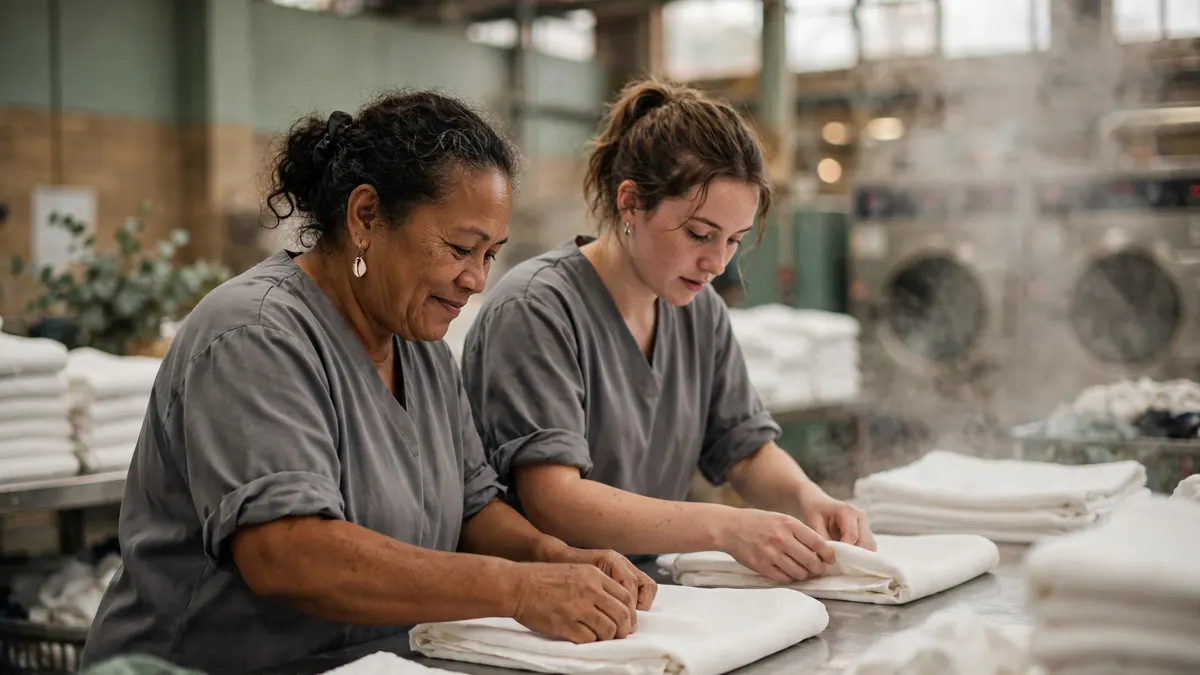 Two women in grey work tops fold white linen on a steel bench in a commercial laundry