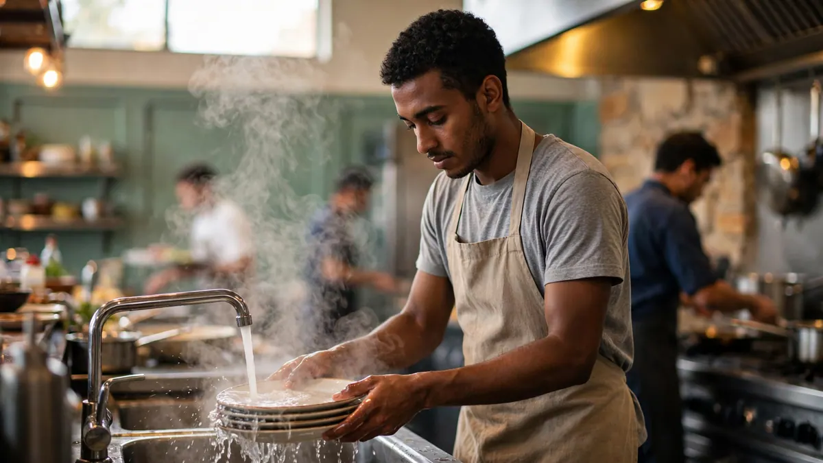 A kitchen hand in a grey t-shirt and apron rinses a stack of plates at a steaming restaurant sink