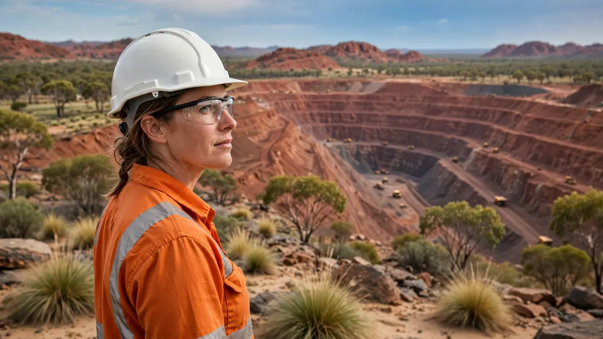 A mine worker in orange hi-vis and a hard hat looks out over a red open-cut pit with haul trucks below