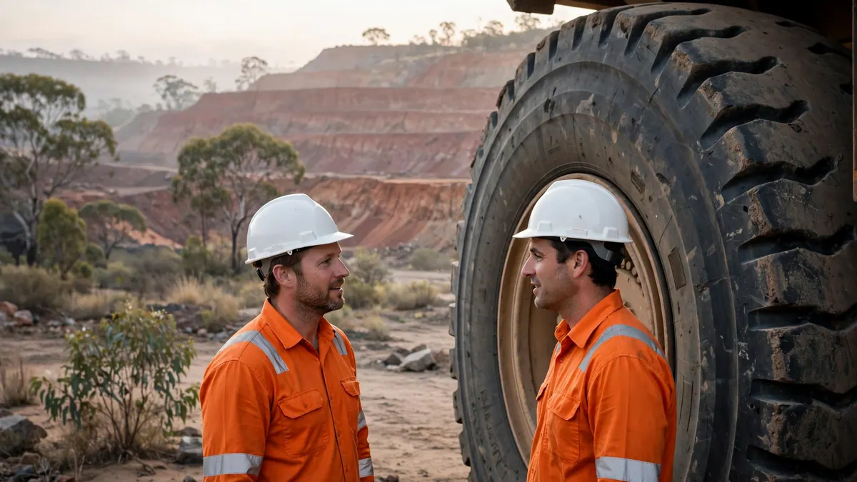Two mine workers in orange hi-vis and white hard hats talk beside a giant haul truck tyre at an open-cut mine